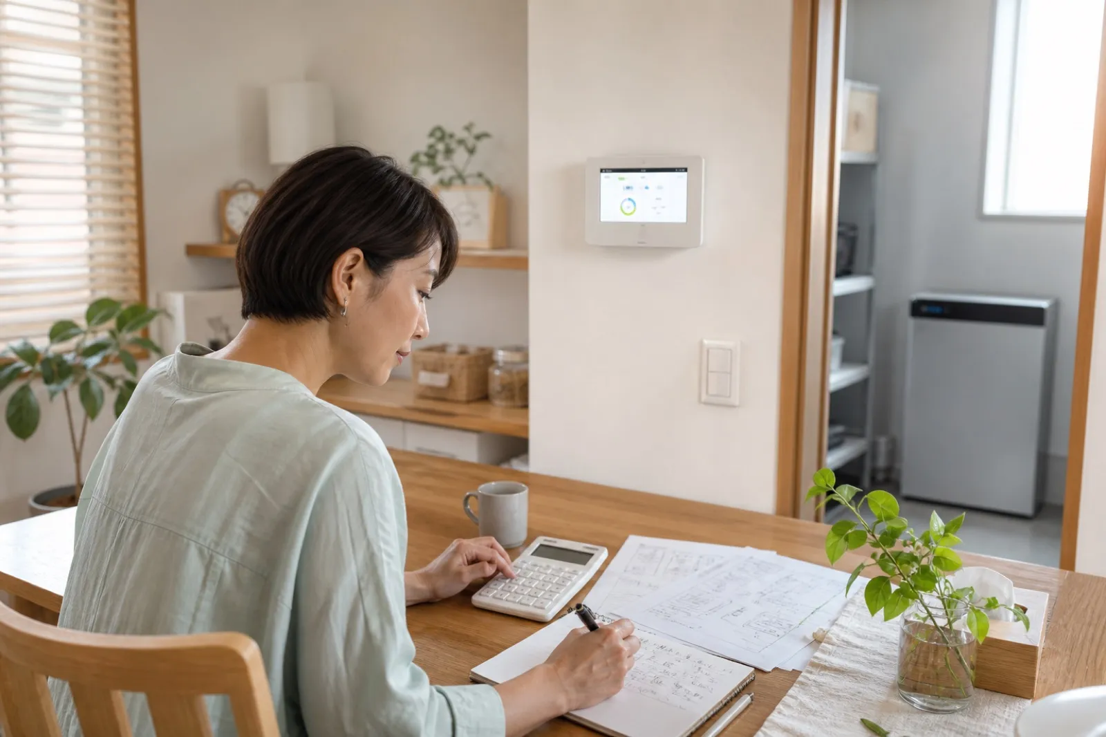 家庭の電力使用量と蓄電池容量を計算する様子