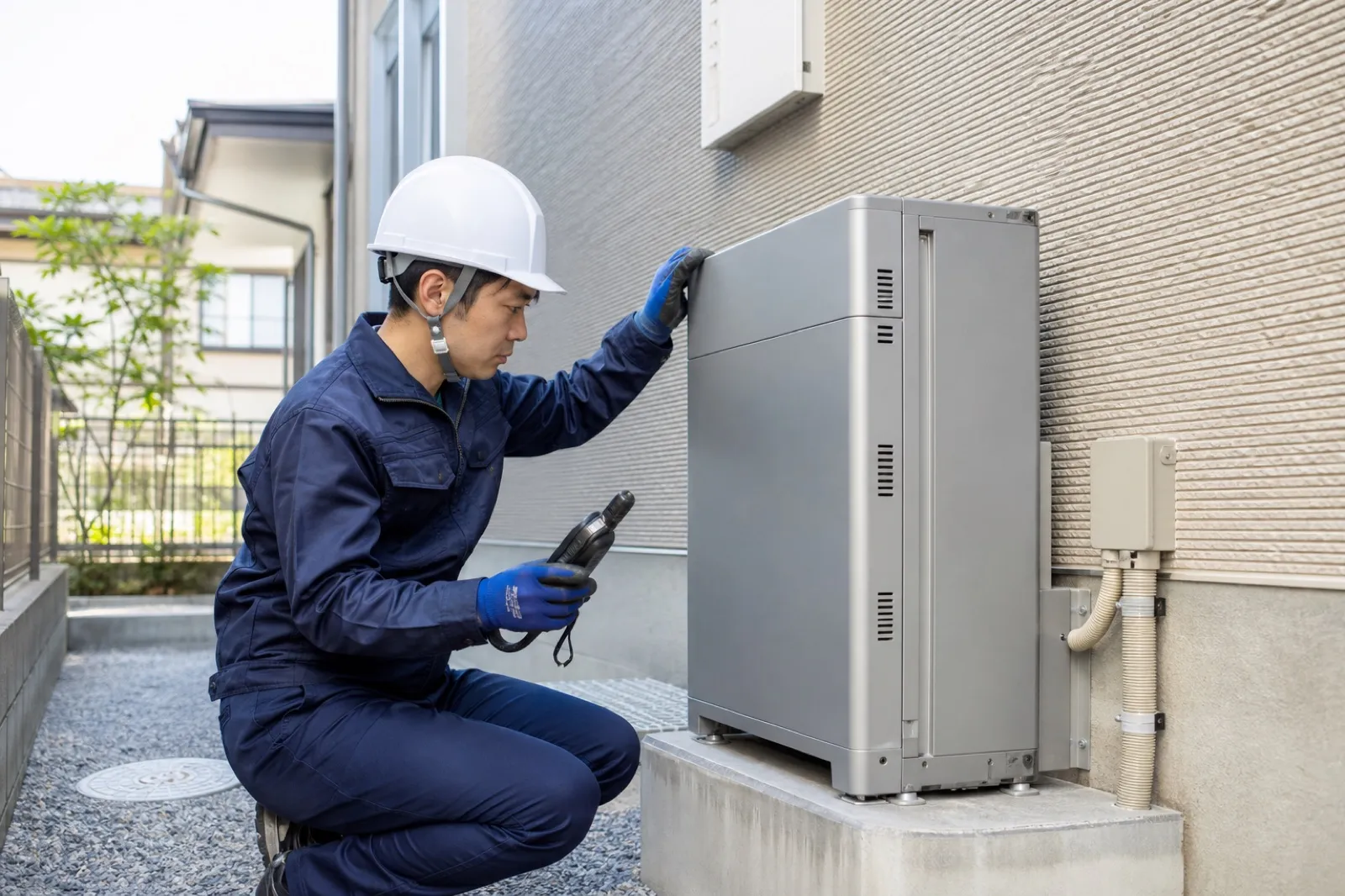 住宅に設置された家庭用蓄電池を点検する技術者