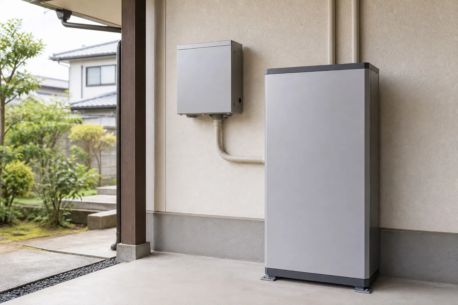 戸建て住宅の外壁に設置された家庭用蓄電池と関連機器